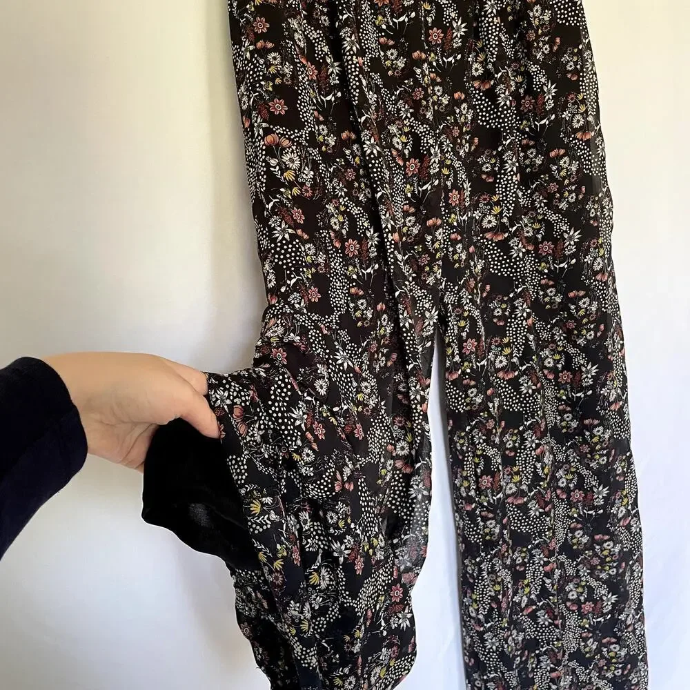 Downeast navy pink floral wide leg flowy pants women's size small lined trousers